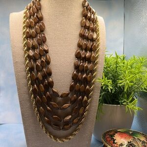 Up-cycled Hong Kong 5 strand plastic beads and gold tone rope chain necklace